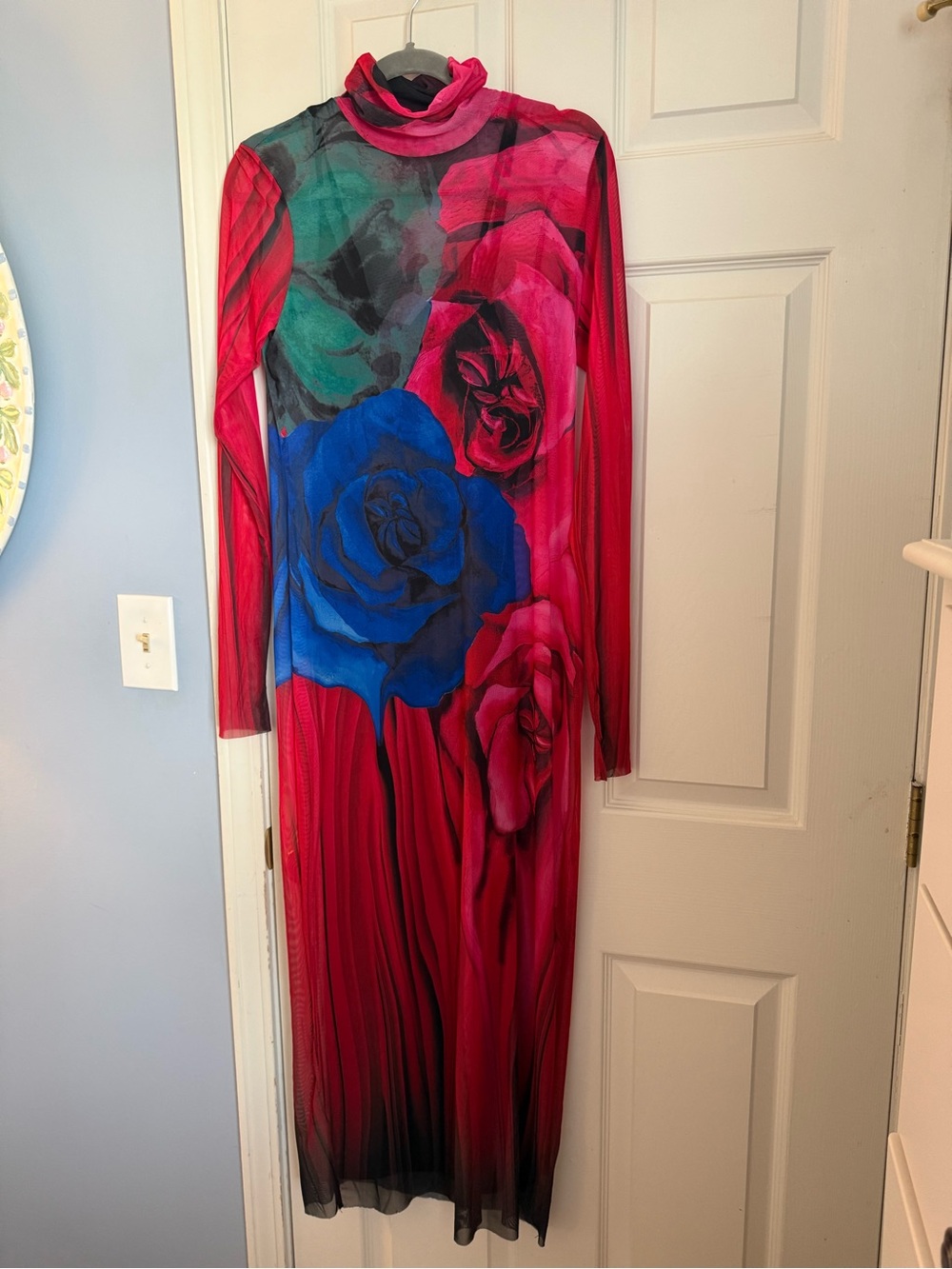 AFRM Shailene Red Pink Multi Floral Long Sleeve Mesh Midi Dress, size XL.